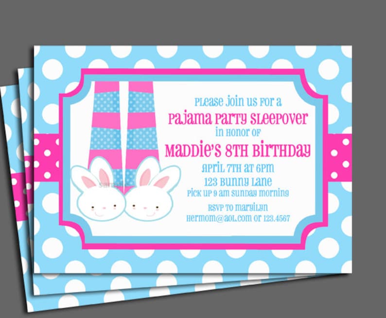 May include: A stack of party invitations with a blue polka dot background. The invitations have a pink and blue border with text that reads "Please join us for a Pajama Party Sleepover in honor of Maddie's 8th Birthday".