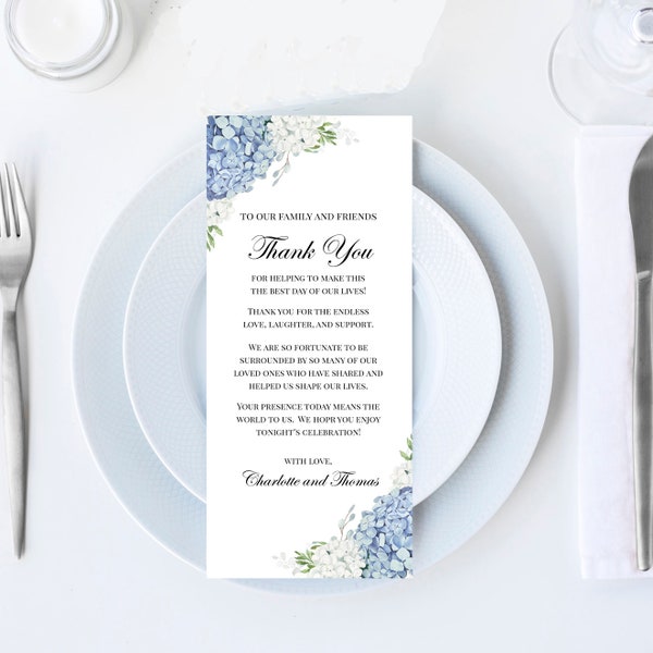 Blue Wedding PRINTED Thank You Personalized Thank You Place Setting Card Note Table - Dusty Blue Hydrangea Elizabeth Collection TPC9001