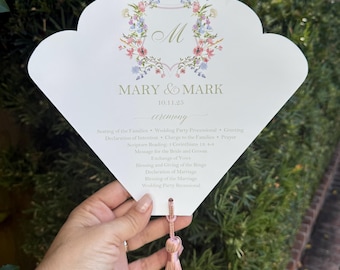Crest Floral Wedding Program Fans with Tassel Scallop Wildflowers Blush Lavender Blue Yellow Orange Ivory White