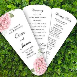 Blush Pink Wedding Program Petal Fans Assembled Steel Blue Dusty Rose - Blush Pink Hydrangea Charlotte Collection TPC9079