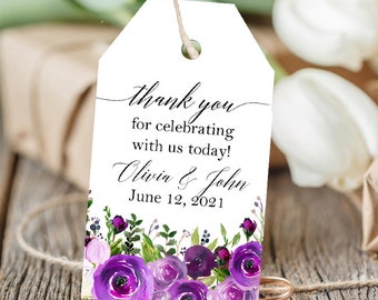 Purple Wedding Personalized Thank You Shower Engagement Tags, Corporate Gifts Printed Elegant Floral in Purple Jessica Collection TPC9023