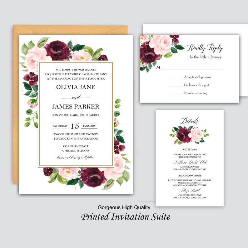 Burgundy and Blush Wedding Invitations Suite Engagement Party Etsy