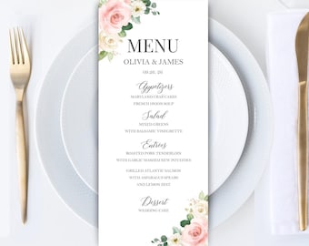 Wedding Menus Printed Rehearsal Dinner Menu Birthday Graduation Luncheon - ANY Wording - Sage and Blush Roses Laura Collection TPC9109