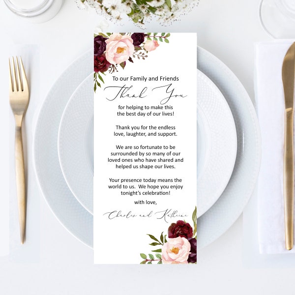 Burgundy and Blush Wedding Thank You PRINTED Personalized Place Setting Card Note Table Burgundy and Blush Marsala Collection TPC9011