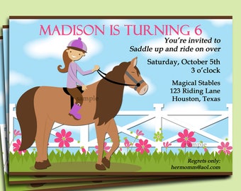 Horse Riding Invitation Printable or Printed with FREE SHIPPING- Western, Farm, Cow Girl - You Pick Hair Color/ Skin Tone