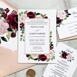May include: A wedding invitation suite with a floral design. The invitation features burgundy and pink flowers with green leaves. The text on the invitation reads "Mr. & Mrs. Thomas Barnes request the pleasure of your company at the marriage of their daughter Olivia Jane and James Parker, son of Mr. & Mrs. John Parker, Saturday, January 15, Two Thousand and Twenty, 2 o'clock in the afternoon, Cornelia Estate, Chicago, Illinois".