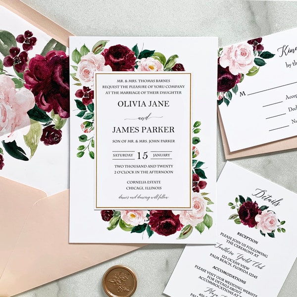 Burgundy and Blush Wedding Invitations Wedding Suite Engagement Party Couples Shower Rehearsal Burgundy and Blush Olivia Collection TPC9010