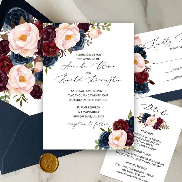 Burgundy Navy and Blush Printed Wedding Invitations Suite Engagement Party Couples Shower Rehearsal Marsala Collection TPC9087