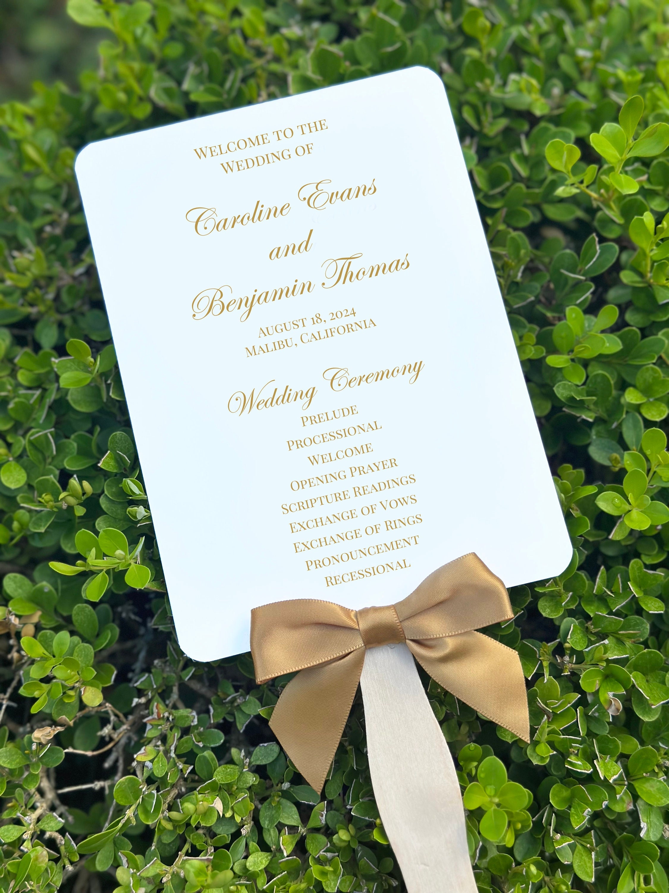 Gold Wedding Program Fans ASSEMBLED with Bow Ribbon Metallic Gold with Satin Ribbon