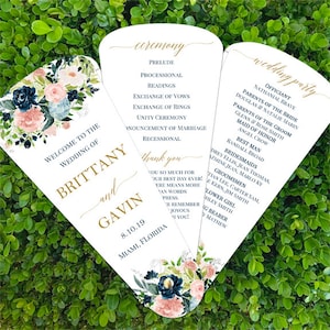 Wedding Program Petal Fans Assembled - Blush Navy and Blue Collection