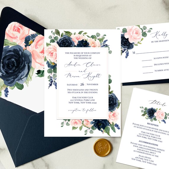 Navy and Blush Wedding Invitations Wedding Invitation Suite Engagement Party Couples Shower Rehearsal - Navy and Blush Amelia Collection Il_570xn