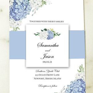 May include: Wedding invitation with blue and white hydrangea flowers. The invitation reads "Samantha and Jason" with the date "09.02.21". The invitation also includes the location "Southern Yacht Club, 123 Ocean Front Lane, Newport, Rhode Island" and the text "Reception to follow".