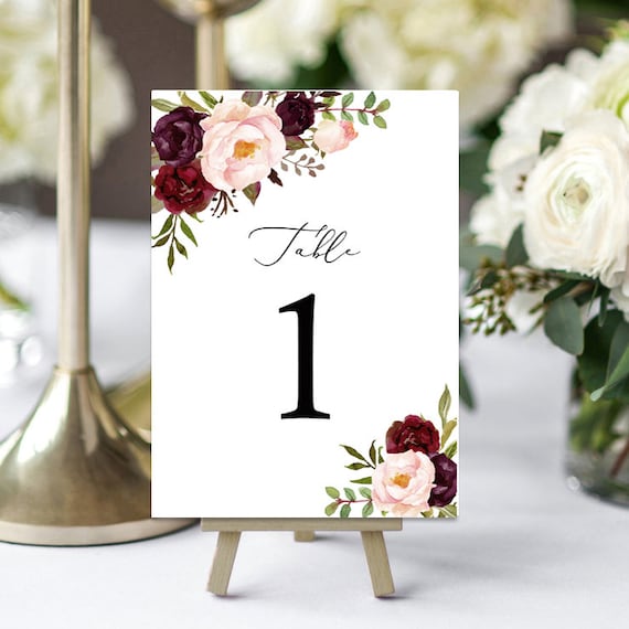 Burgundy and Blush Wedding Table Number Cards 5x7" Printed - Marsala Collection Il_570xn