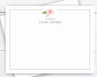 Personalized Pink Rose Note Cards with Envelopes Gift Cards Thank You Cards - Sage and Blush Roses Laura Collection TPC9109