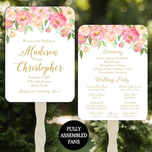 Coral Wedding Program Fans Assembled Floral Blush Pink Coral Gold Collection