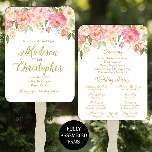 Coral Wedding Program Fans Assembled Floral Blush Pink Coral Gold Collection