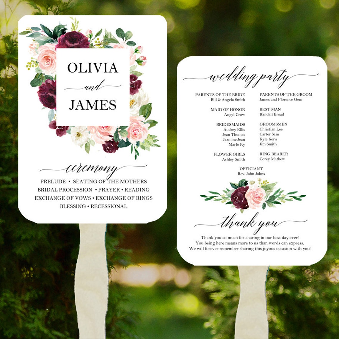 Wedding Program Fans Assembled Burgundy and Blush Olivia image 1