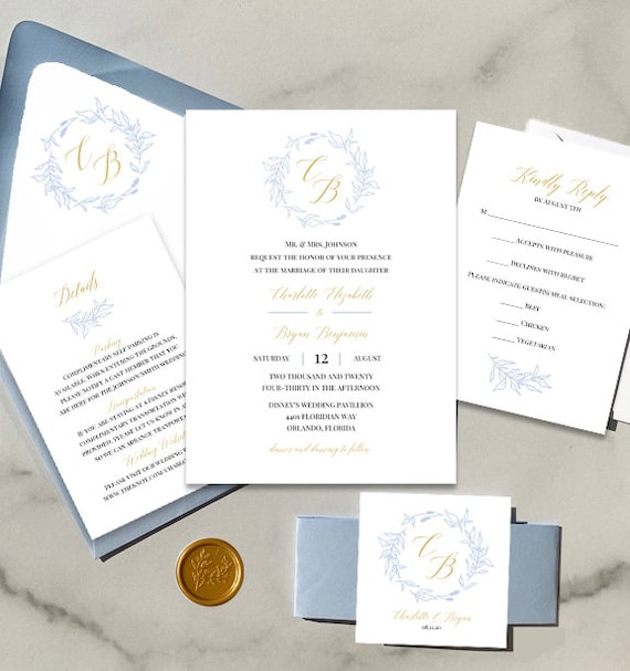 Blue and Gold Wedding Invitations Wedding Invitation Suite Engagement Party Couples Shower Rehearsal - Golden Wreath Collection Il_570xn