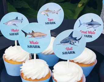 Shark Cupcake Toppers Small Party Circles Printable - Instant Download - Shark Reef Collection