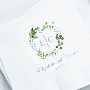 Blue Greenery Monogram Wedding Birthday Cocktail Beverage Napkins Grand Garden Collection TPC9060