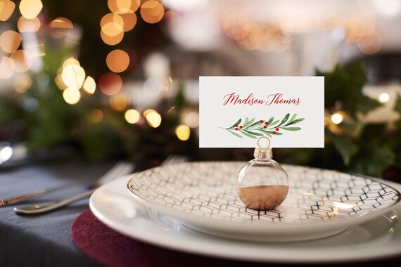 Christmas Holly Place Cards Printed Escort Cards Tented or Flat Wedding Birthday - Christmas Holly Collection Il_570xn