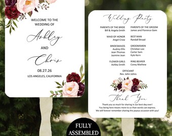 Wedding Program Fans Assembled Bridal Shower Burgundy and Blush Marsala Collection TPC9011