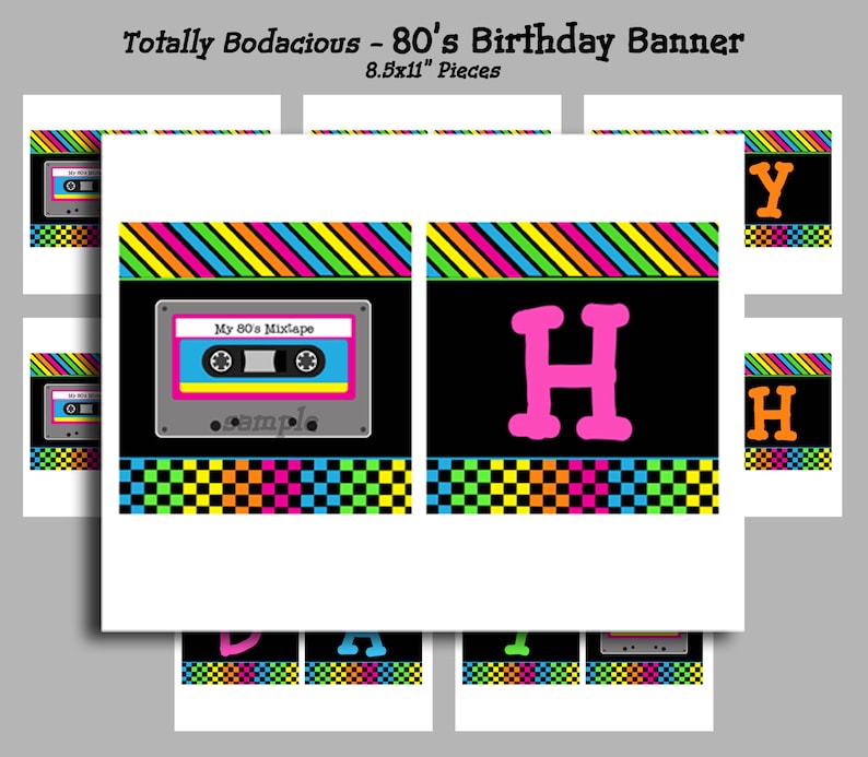 80's Happy Birthday Banner Printable Instant Download Birthday Bunting Totally Awesome 80s Collection image 1