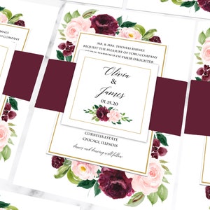 May include: Wedding invitation with a burgundy and blush floral design. The invitation features the names Olivia & James and the date 01.15.20. The invitation also includes the text "MR. & MRS. THOMAS BARNES REQUEST THE PLEASURE OF YOUR COMPANY AT THE MARRIAGE OF THEIR DAUGHTER" and "CORNELIA ESTATE CHICAGI, ILLINOIS dinner and dancing will follow."