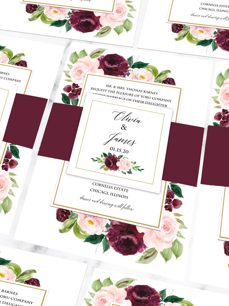 May include: Wedding invitation with a burgundy and blush floral design. The invitation features the names Olivia & James and the date 01.15.20. The invitation also includes the text "MR. & MRS. THOMAS BARNES REQUEST THE PLEASURE OF YOUR COMPANY AT THE MARRIAGE OF THEIR DAUGHTER" and "CORNELIA ESTATE CHICAGI, ILLINOIS dinner and dancing will follow."