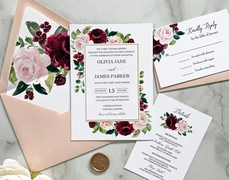 May include: Wedding invitation suite with a floral design featuring burgundy and blush pink flowers. The invitation includes the names Olivia Jane and James Parker, the date and time of the wedding, and the location. The RSVP card includes a space for guests to indicate their attendance. The details card includes information about the reception and accommodations.