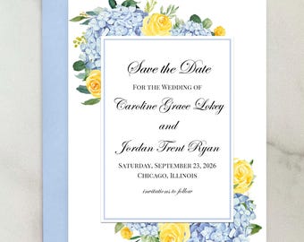 Blue Hydrangea Yellow Roses Save the Date Cards Invitations (set of 25) Carolyn Collection TPC9088