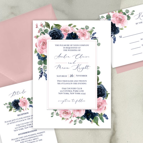Navy and Dusty Rose Wedding Invitations Wedding Invitation Suite Engagement Party Couples Shower Rehearsal - Navy and Rose Collection Il_570xn