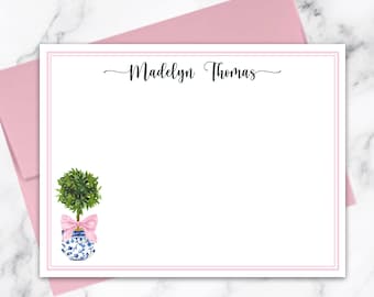 Personalized Pink Topiary Chinoiserie Note Cards Gift for Her Shower Gift Birthday Gift Stationery Set of 12 Flat Thank You Notes TPC9038