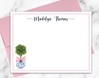 Personalized Pink Topiary Chinoiserie Note Cards Gift for Her Shower Gift Birthday Gift Stationery Set of 12 Flat Thank You Notes TPC9038