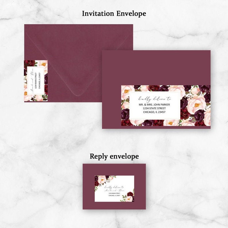 Burgundy and Blush Marsala Collection Burgundy and Blush Floral Wrap Address Stickers for Envelopes