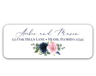 Dusty Rose Blush Navy Floral Personalized Wedding Return Address Labels Stickers Navy and Rose Collection TPC9041