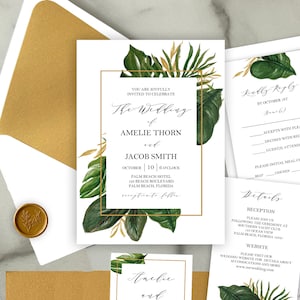 Tropical Palms Wedding Invitations Suite Engagement Shower Rehearsal - Beach Destination Wedding- Amelie Gold Palms Collection TPC9049