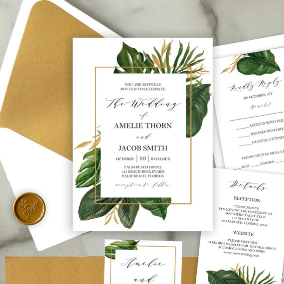 Tropical Palms Wedding Invitations Suite Engagement Party Couples Shower Rehearsal - Beach Destination Wedding- Amelie Gold Palms Collection Il_570xn