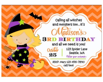 May include: A rectangular birthday invitation card with an orange chevron background. It features a cartoon witch with blonde hair, a black hat, and a black dress with green stars, riding a broom. Text includes Madison's 3rd Birthday details.