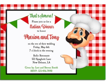 Italian Party Invitation Printable or Printed with FREE SHIPPING - Pizza Pasta Italian Rehearsal Dinner Party - Italian Waiter Collection