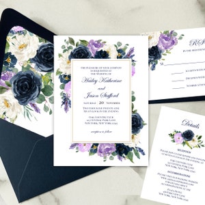 Navy and Lavender Wedding Invitations Wedding Invitation Suite Engagement Party Couples Shower Lilac Lavender Hailey Collection TPC9012