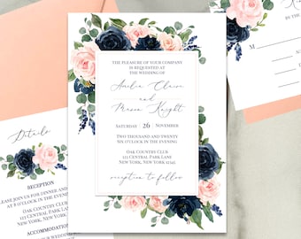 Navy and Blush Wedding Invitations Wedding Invitation Suite Engagement Party Couples Shower Navy and Blush Amelia Collection TPC9006