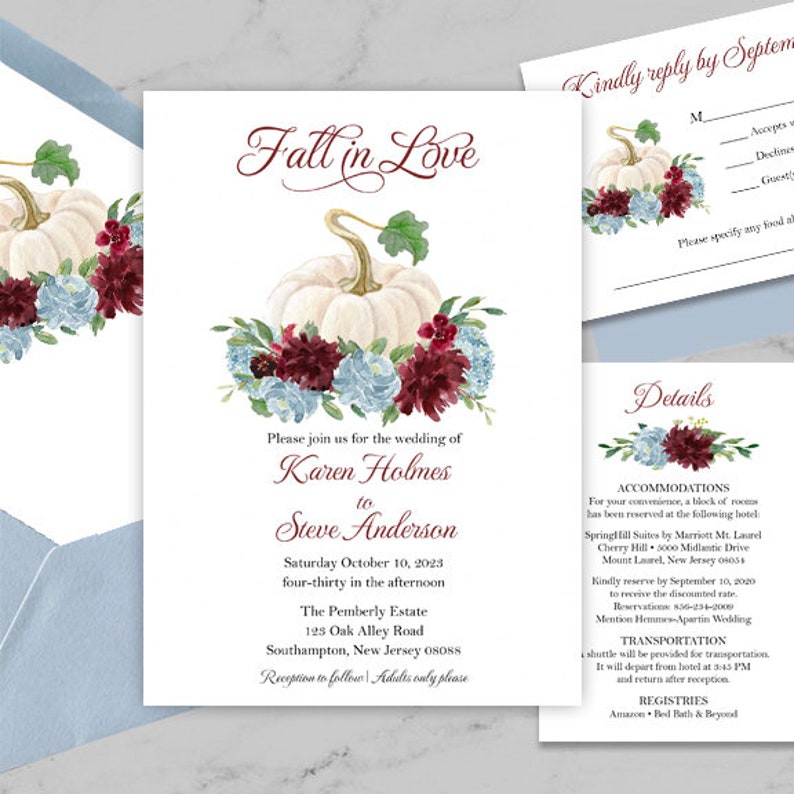 Blue Burgundy Pumpkin Fall Wedding A7 Printed Envelopes and Printing Guest Address Return Address Suite Dusty Blue Julie Collection image 2