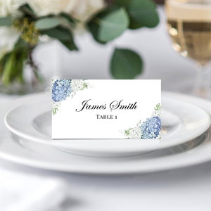 Blue Place Cards Tented or Flat Wedding Bridal Shower Personalized Printed Steel Blue Dusty Blue Hydrangea Elizabeth Collection TPC9001