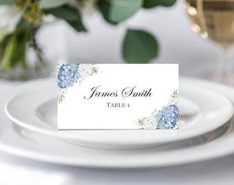 Blue Place Cards Tented or Flat Wedding Bridal Shower Personalized Printed Steel Blue Dusty Blue Hydrangea Elizabeth Collection TPC9001