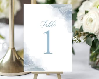 Dusty Blue Watercolor Wedding Table Number Cards 5x7" Printed - Dusty Blue Collection TPC9021