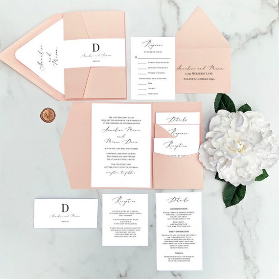 Blush Pocket Wedding Invitations Wedding Suite Gatefold Destination Wedding Elegant - Annalise Wedding Collection Il_570xn
