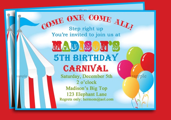 Circus Carnival Birthday Invitation Printable Or Printed With Etsy