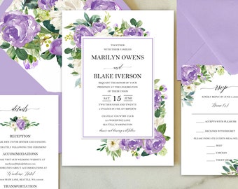 Lavender Wedding Invitations Wedding Invitation Suite Engagement Party Couples Shower Rehearsal Lilac Lavender Marilyn Collection TPC9002