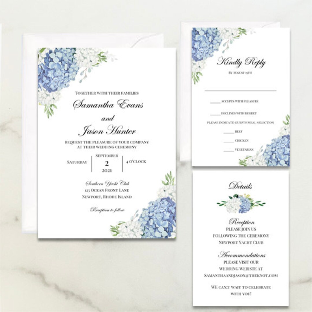 Blue Hydrangea Wedding Invitations Suite Dusty Blue Hydrangea Elizabeth